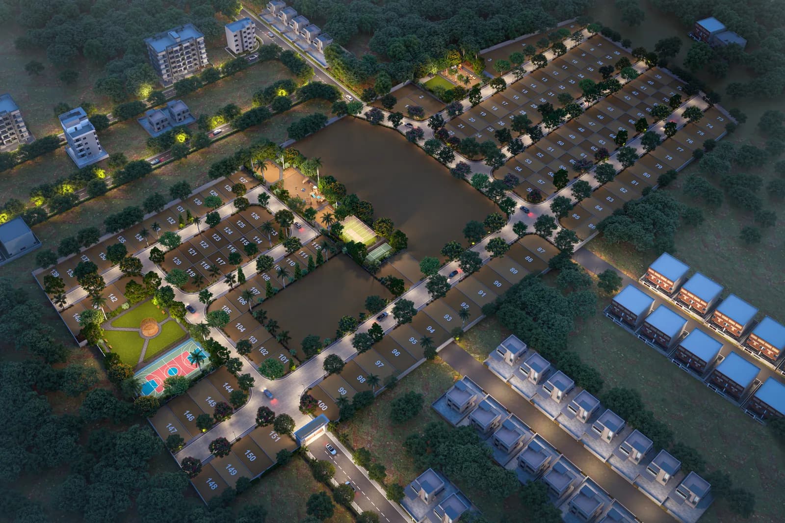 Mauli Crystal 35 night aerial render with lit streets