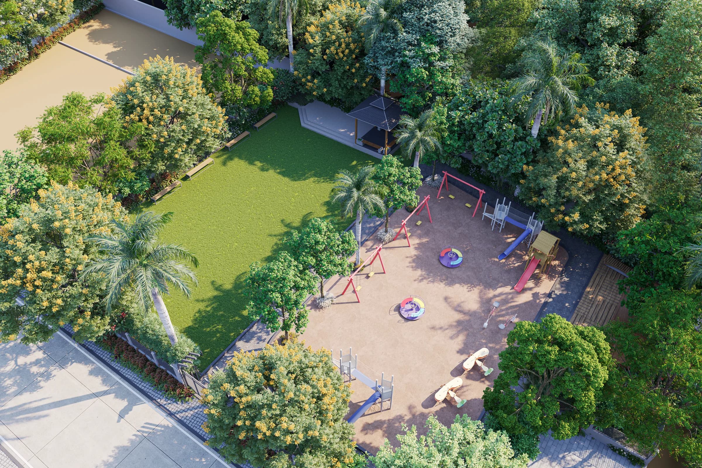 Aerial of landscaped community gardens
