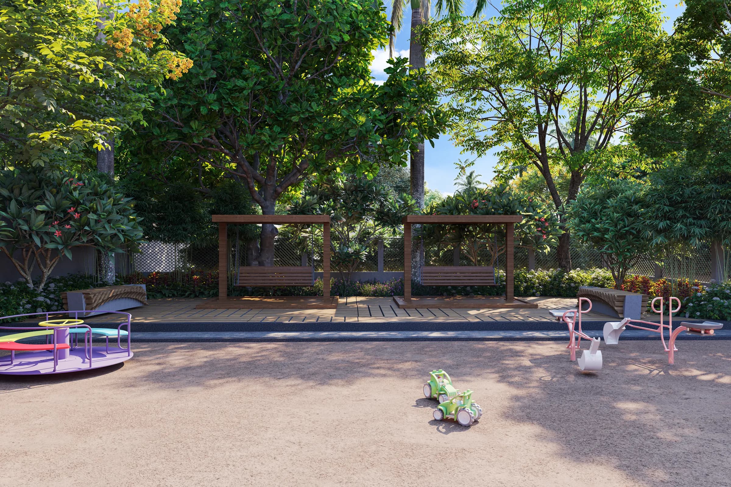 Landscaped garden seating area with shaded benches