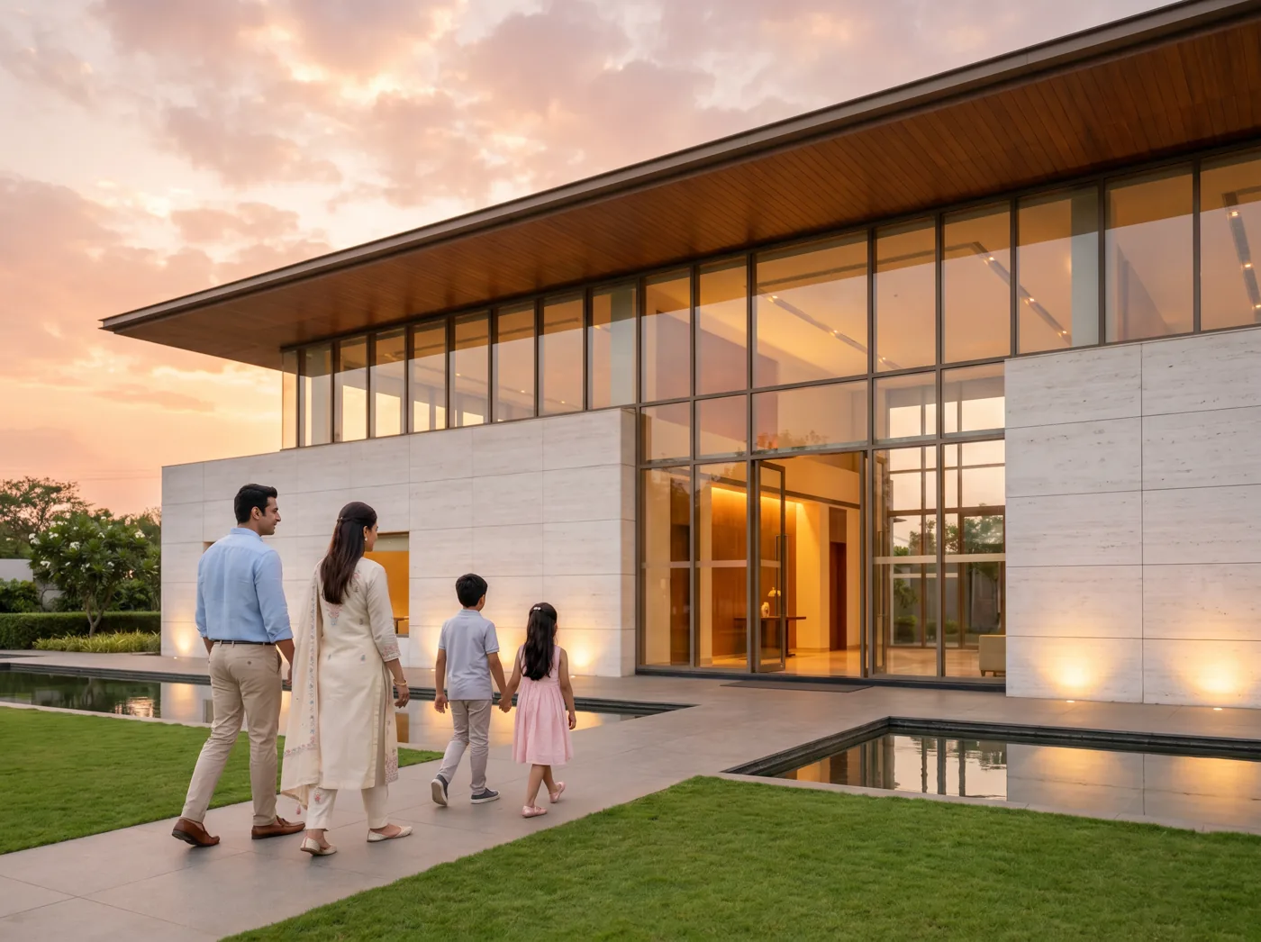 A family walking toward the Mauli Crystal 35 clubhouse at golden hour