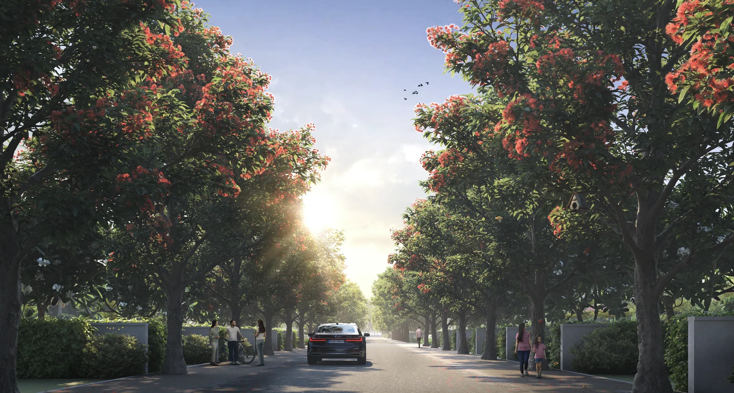 Tree-lined internal avenue at Mauli Nivasa at golden hour