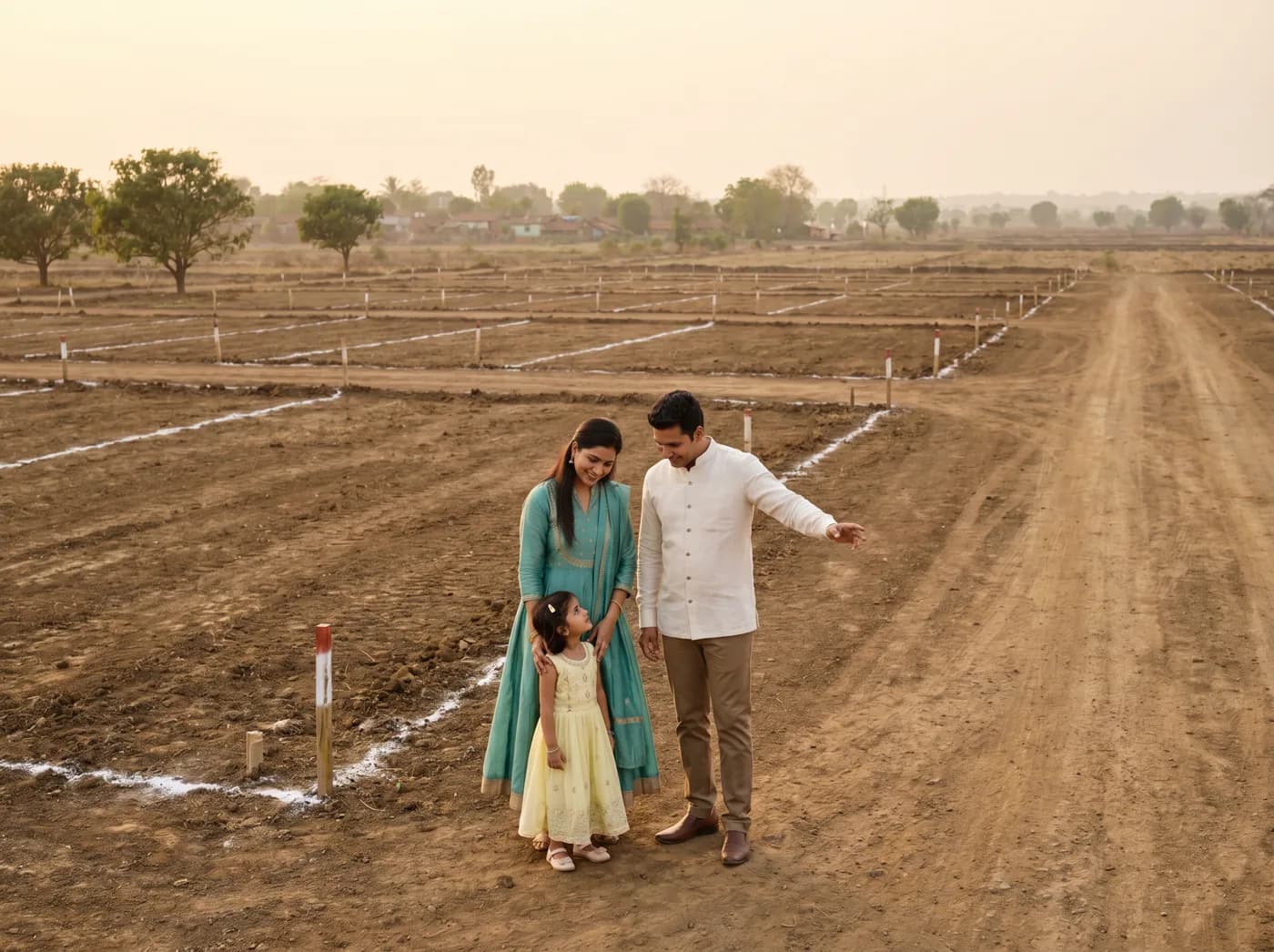 A family at the edge of the Mauli Nivasa plotted township at golden hour