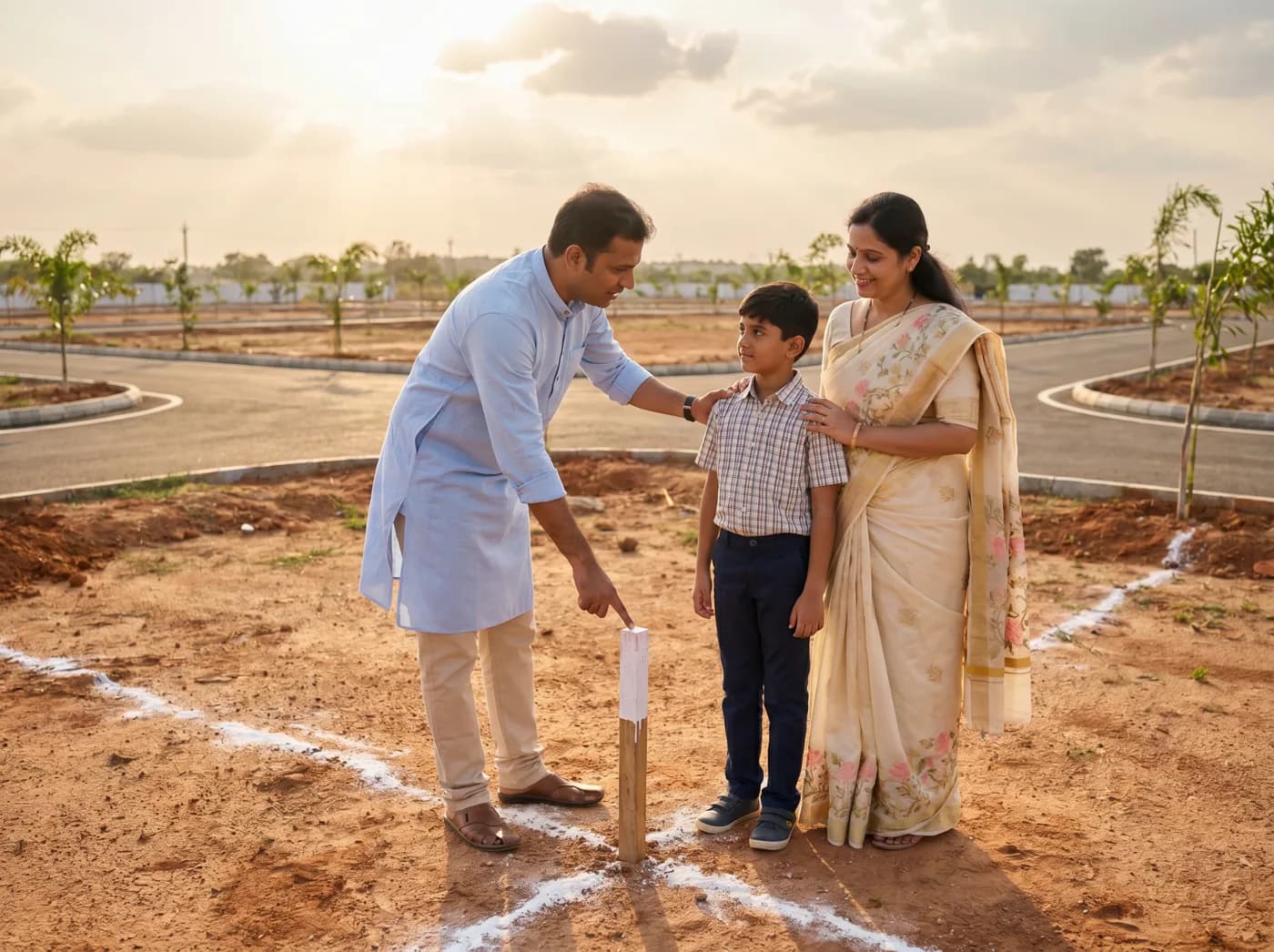 A father showing his son a plot corner at Mauli Town in Bothli